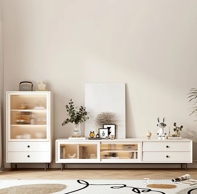 Modern White TV Stand with Drawers Open Shelves Decorative Painting Green Plant and Rabbit Figurine 3d model 