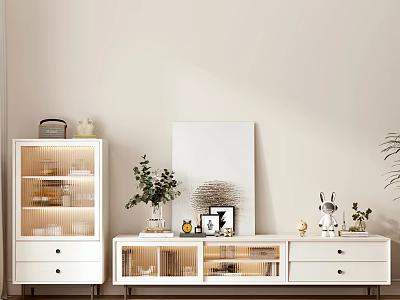 Modern White TV Stand with Drawers Open Shelves Decorative Painting Green Plant and Rabbit Figurine 3d model