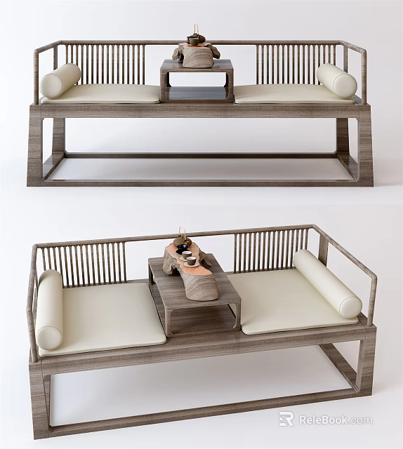 Wooden Arhat Bed With Slatted Backrest Soft Cushions And Center Table 3d model 