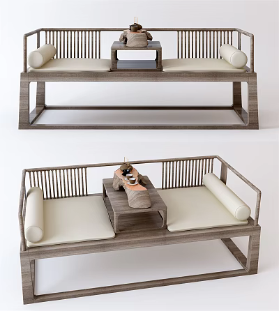 Wooden Arhat Bed With Slatted Backrest Soft Cushions And Center Table 3d model