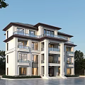 Elegant Three Story Detached Villa With White Exterior Balconies And Landscaped Driveway