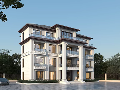 Elegant Three Story Detached Villa With White Exterior Balconies And Landscaped Driveway 3d model