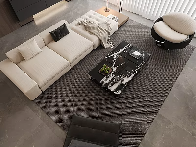 Modern Sofa And Coffee Table Set With Beige Upholstery Black Marble Top Throw Pillow And Rug 3d model