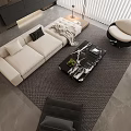 Modern Sofa And Coffee Table Set With Beige Upholstery Black Marble Top Throw Pillow And Rug