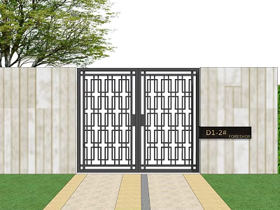 Geometric Pattern Wrought Iron Entrance Gate With Beige Stone Walls Lawn And Tree 3d model