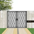 Geometric Pattern Wrought Iron Entrance Gate With Beige Stone Walls Lawn And Tree