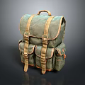 Olive Green Canvas Backpack With Multiple Pockets And Brown Straps For Daily Use 3d model
