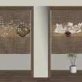 Japanese Style Woven Rattan Doors With Plum Blossom And Fan Decorative Patterns And Potted Plant