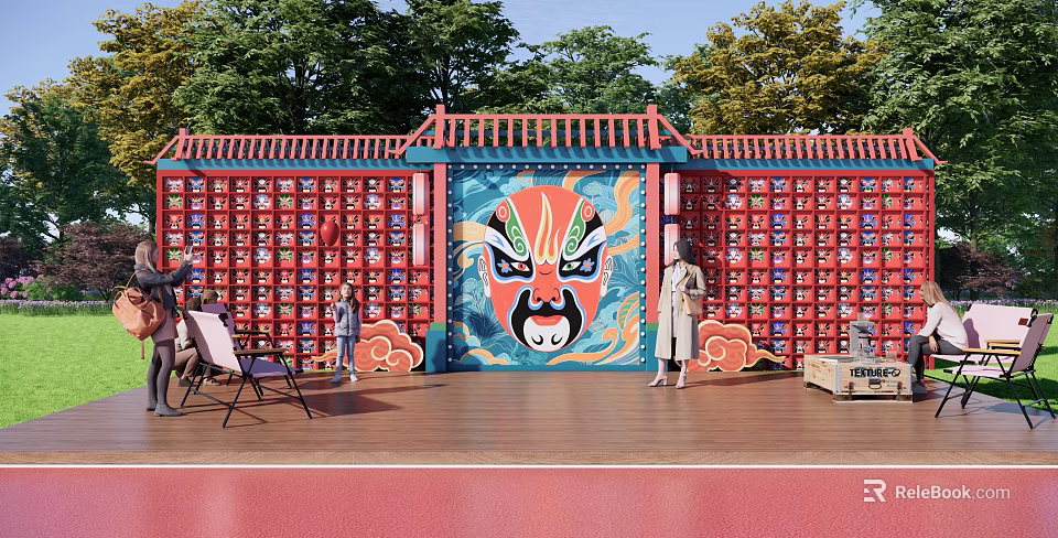 Chinese Style Photo Check in Spot With Red Wall Peking Opera Mask And Blue Archway 3d model 