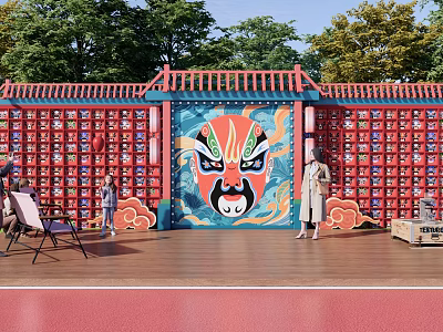 Chinese Style Photo Check in Spot With Red Wall Peking Opera Mask And Blue Archway 3d model