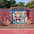 Chinese Style Photo Check in Spot With Red Wall Peking Opera Mask And Blue Archway