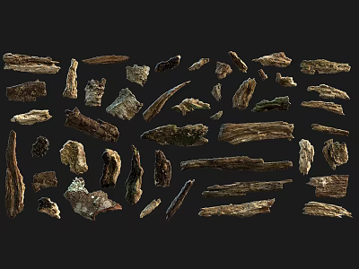 Collection of Stones and Wood with Various Shapes and Sizes on Black Background 3d model