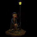 Duck Game Movie Character With Hat Standing By Rainy Street Lamp On Base