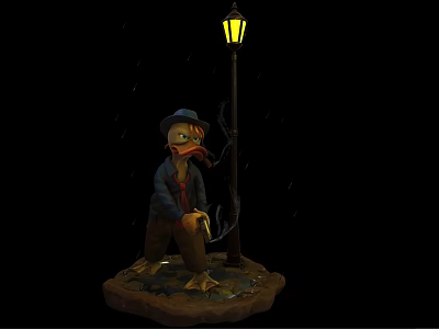 Duck Game Movie Character With Hat Standing By Rainy Street Lamp On Base 3d model