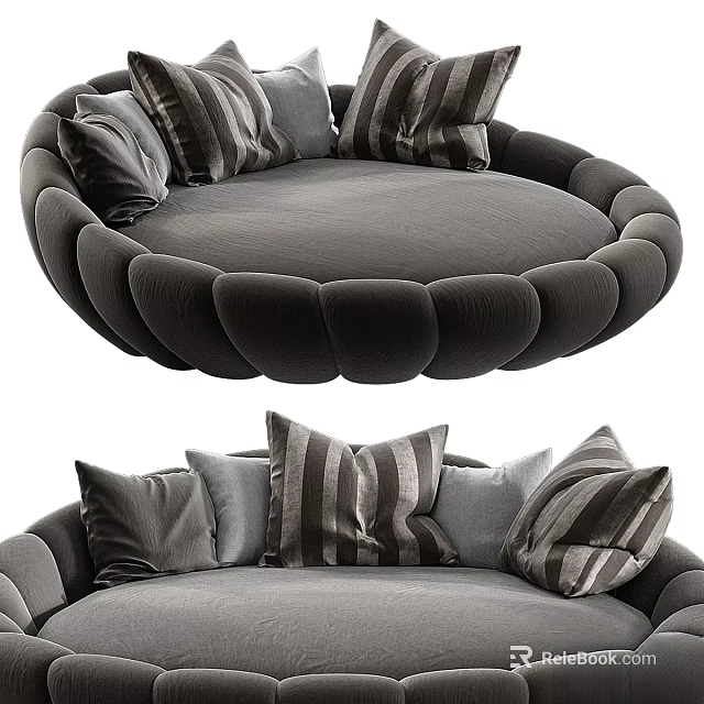 Round Design Double Bed With Gray Material And Multiple Striped Cushions 3d model