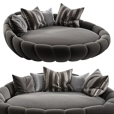 Round Design Double Bed With Gray Material And Multiple Striped Cushions 3d model