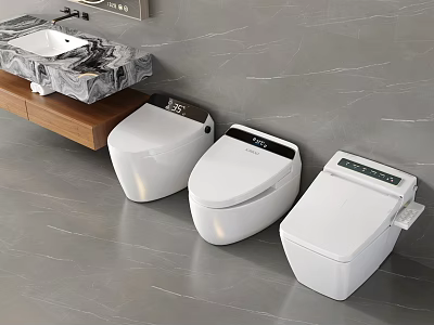 Three Modern Smart Toilets In Bathroom With Marble Sink Counter And Gray Wall 3d model