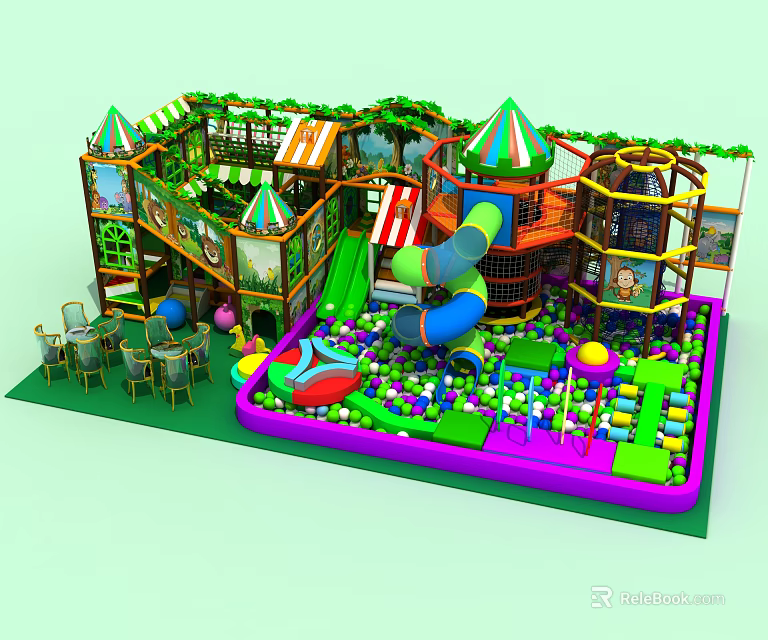 Indoor Playground Equipment With Colorful Slides Ball Pit And Tent Shaped Roofs 3d model 