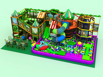 Indoor Playground Equipment With Colorful Slides Ball Pit And Tent Shaped Roofs 3d model