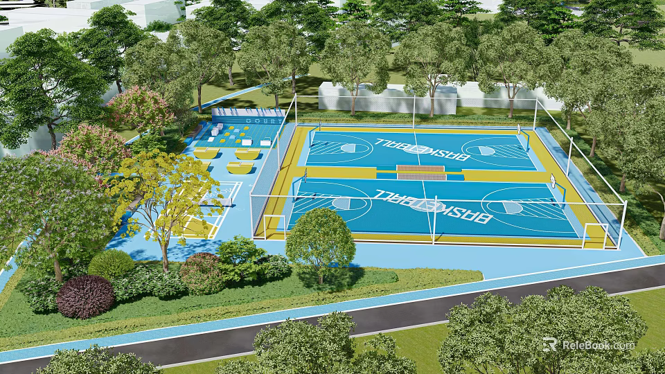 Outdoor Sports Fitness Area With Basketball Volleyball Courts And Lush Greenery 3d model 