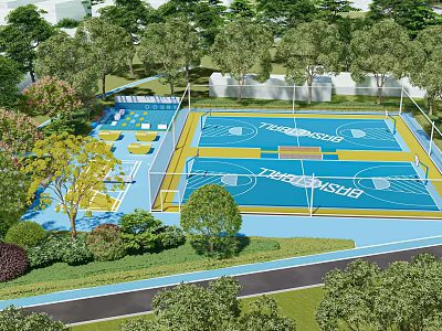 Outdoor Sports Fitness Area With Basketball Volleyball Courts And Lush Greenery 3d model