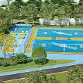 Outdoor Sports Fitness Area With Basketball Volleyball Courts And Lush Greenery