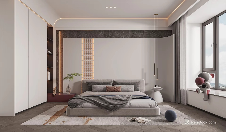Modern Bedroom Interior Featuring Comfortable Bed Soft Lighting And Stylish Area Rug 3d model