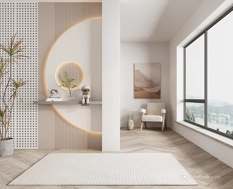 Modern Entryway Hallway Interior Design With Circular Mirror Plants And Large Windows 3d model 