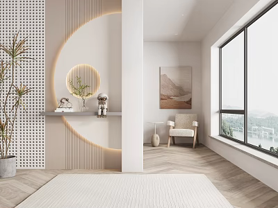 Modern Entryway Hallway Interior Design With Circular Mirror Plants And Large Windows 3d model