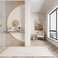 Modern Entryway Hallway Interior Design With Circular Mirror Plants And Large Windows