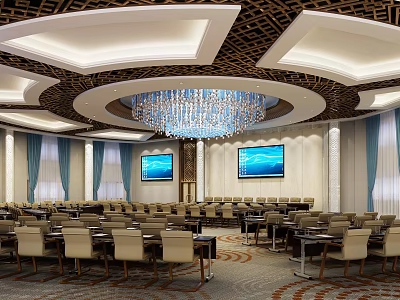 Elegant Conference Room Interior With Crystal Chandelier Dual Screens And Arranged Tables Chairs 3d model