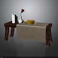 Delicious Layered Cake on Wooden Table with White Candle Vase and Red Rose Linen Tablecloth