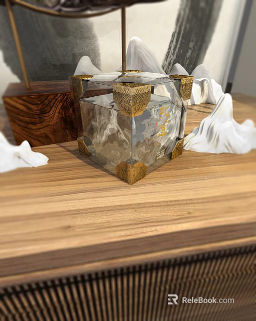 Transparent Glass Cube Decorative Ornament Set With Golden Corner Accents On Wooden Tabletop 3d model 