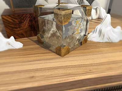 Transparent Glass Cube Decorative Ornament Set With Golden Corner Accents On Wooden Tabletop 3d model