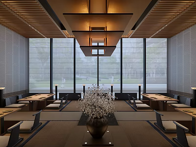 Serene Restaurant Interior With Wooden Ceiling Large Windows Trees Outside Tatami Seating And Central Vase 3d model