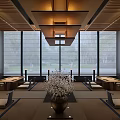 Serene Restaurant Interior With Wooden Ceiling Large Windows Trees Outside Tatami Seating And Central Vase