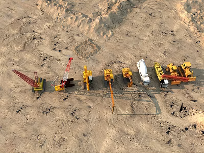 Large Tower Construction Site With Cranes And Heavy Equipment In Desert Area 3d model