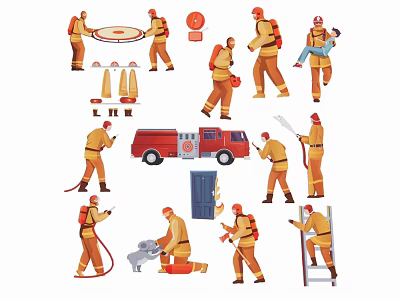 Firefighter Silhouettes Showing Different Actions With Fire Trucks And Rescue Equipment 3d model