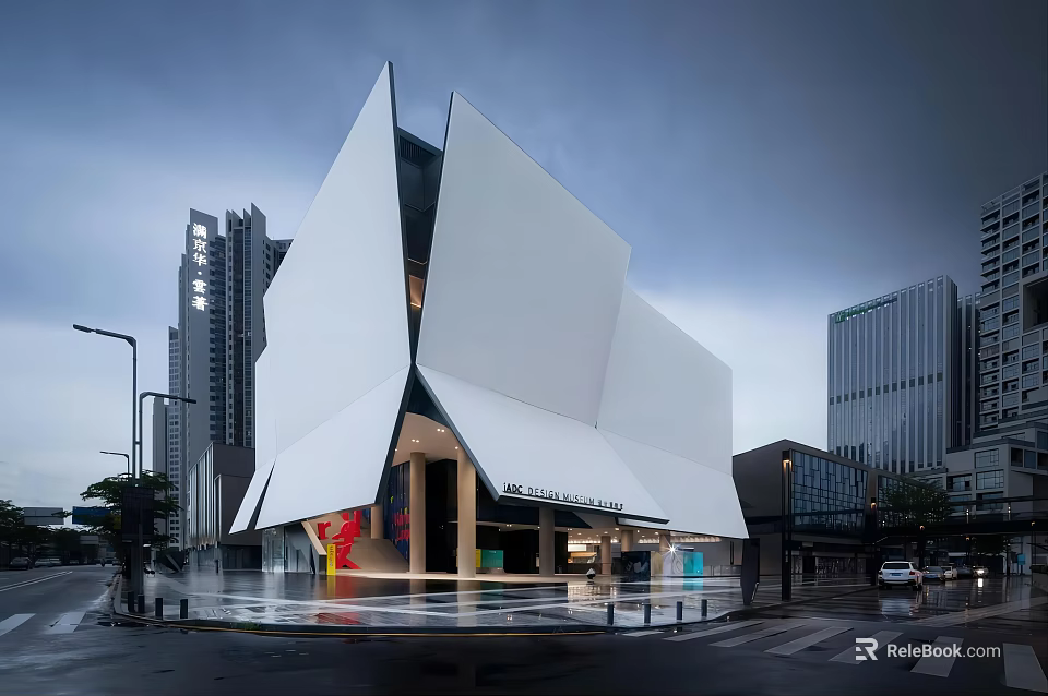 Modern White Sales Office Building With Geometric Exterior In Urban Setting 3d model 