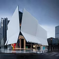 Modern White Sales Office Building With Geometric Exterior In Urban Setting