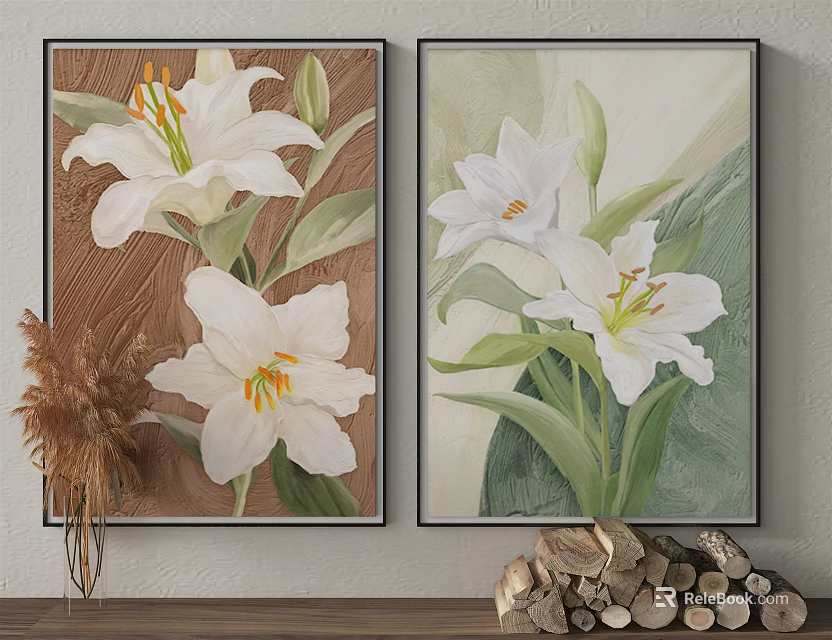 Framed White Lily Plant Paintings With Green Leaves For Home Living Room Decor 3d model 