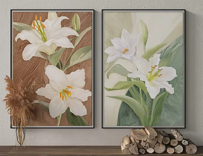 Framed White Lily Plant Paintings With Green Leaves For Home Living Room Decor 3d model