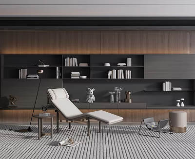 Modern Lounge Chair In Interior With Wooden Bookshelf Floor Lamp Side Table And Stripe Rug 3d model