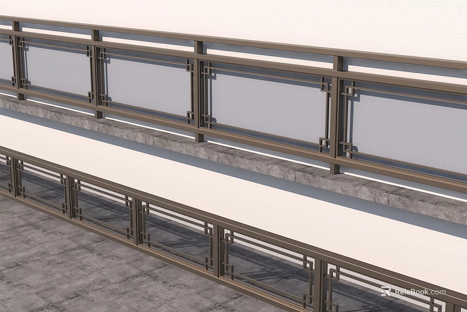 Double Layer Metal Frame Railings With Glass Panels On White Wall And Gray Floor 3d model 