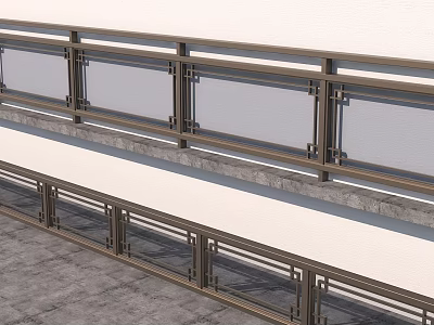 Double Layer Metal Frame Railings With Glass Panels On White Wall And Gray Floor 3d model