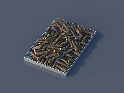Metal tray filled with brown cut wood logs on gray background 3d model