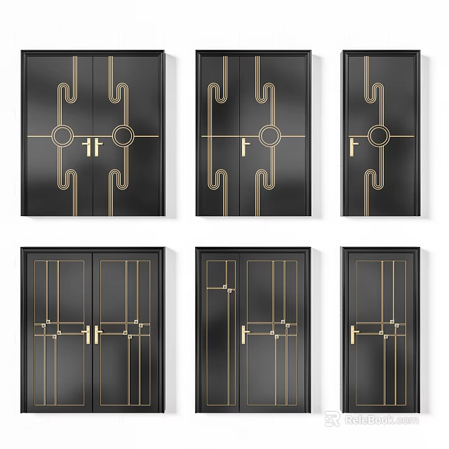 Modern Black Double Doors Featuring Sleek Gold Geometric Accent Designs 3d model