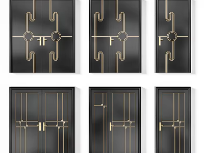 Modern Black Double Doors Featuring Sleek Gold Geometric Accent Designs 3d model
