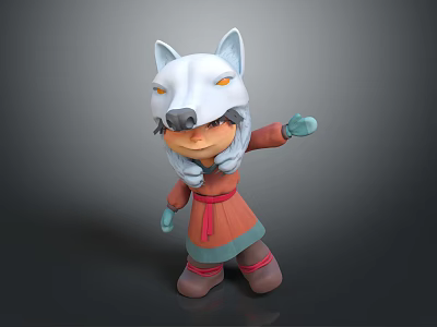 3D Cartoon Game Character With White Wolf Head Mask Yellow Eyes And Red Orange Outfit 3d model