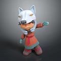 3D Cartoon Game Character With White Wolf Head Mask Yellow Eyes And Red Orange Outfit